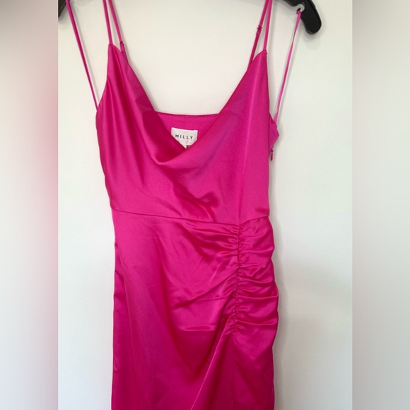 Milly NWT Lilliana Satin Ruched Side Slit Cowlneck Pink Midi Dress - Picture 3 of 8